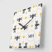 Elegantes Bee Pattern Black Monogram Yellow Modern Quadratische Wanduhr (Winkel)