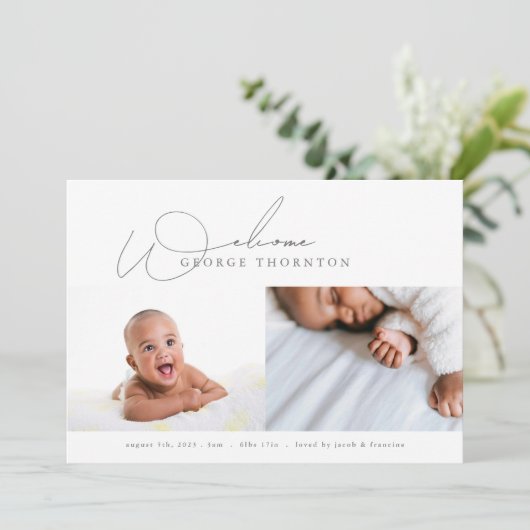 Elegantes Begrüßungs-Foto Collage Baby Geburt Ankündigung (Stehend Vorderseite)