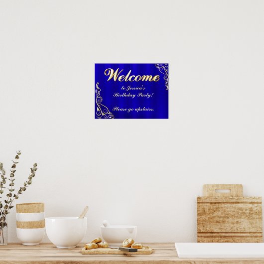 Elegantes Begrüßungszeichen Gold und Blue Birthday Poster (Küche)