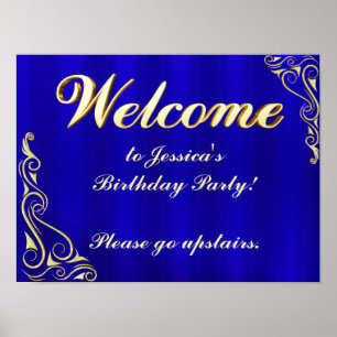 Elegantes Begrüßungszeichen Gold und Blue Birthday Poster