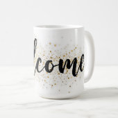 Elegantes Begrüßungszeichen in Schwarz-Script mit Kaffeetasse (VorderseiteRechts)
