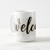 Elegantes Begrüßungszeichen in Schwarz-Script mit Kaffeetasse (Vorderseite Links)