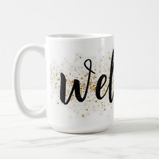 Elegantes Begrüßungszeichen in Schwarz-Script mit Kaffeetasse (Links)