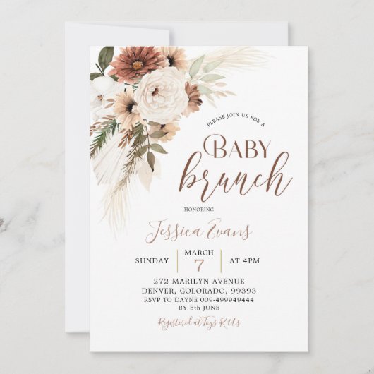 Elegantes Beige Boho Pampas Grass Baby Brunch Einladung (Vorderseite)