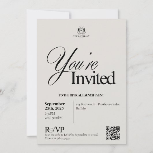 Elegantes Beige Calligraphy QR Code Business Event Einladung (Vorderseite)