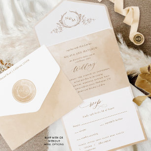 Elegantes Beige Creme Wasserfarben Monogramm Hochz All In One Einladung