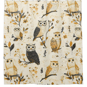 Elegantes Beige-Eulen-Wildlife-Botanikmuster Duschvorhang