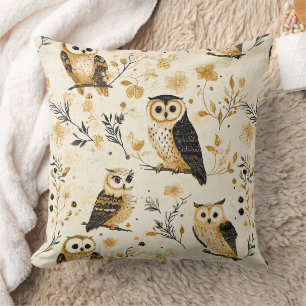 Elegantes Beige-Eulen-Wildlife-Botanikmuster Kissen