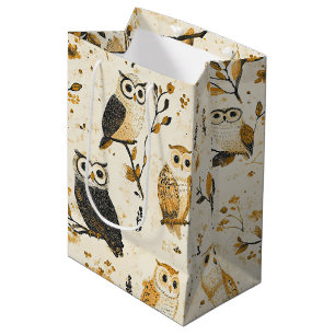 Elegantes Beige-Eulen-Wildlife-Botanikmuster Mittlere Geschenktüte