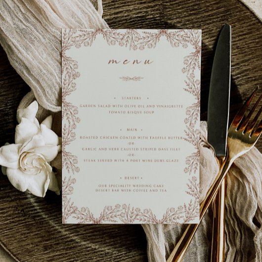 Elegantes Beige-Flora-Creme Hochzeitstisch Menükarte