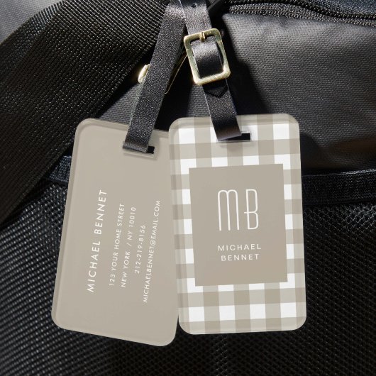 Elegantes Beige-Gingham-Monogramm Gepäckanhänger