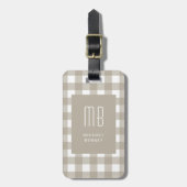 Elegantes Beige-Gingham-Monogramm Gepäckanhänger (Vorderseite vertikal)