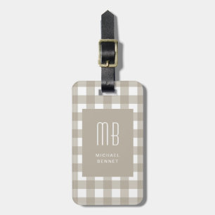Elegantes Beige-Gingham-Monogramm Gepäckanhänger