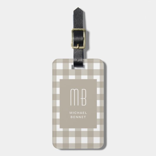 Elegantes Beige-Gingham-Monogramm Gepäckanhänger (Vorderseite vertikal)