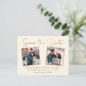 Elegantes Beige Gold 2 Foto Save the Date Postkarte (Stehend Vorderseite)