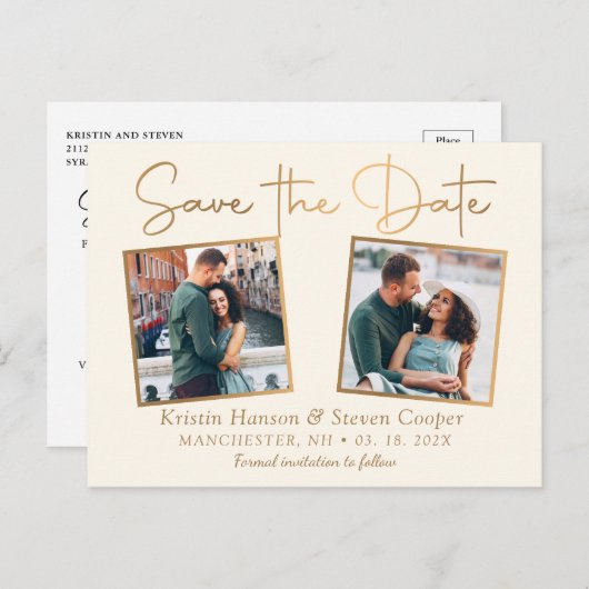 Elegantes Beige Gold 2 Foto Save the Date Postkarte (Vorne/Hinten)