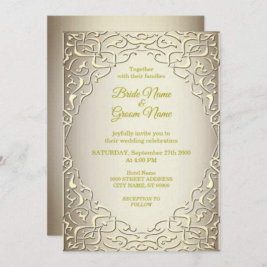 Elegantes Beige Gold Decorative Hochzeitsempfehlun Einladung (Vorne/Hinten)