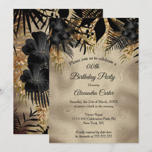 Elegantes Beige Gold Schwarz Florales Geburtstagsf Einladung