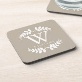 Elegantes beige Leinenmonogramm Getränkeuntersetzer (Linke Seite)