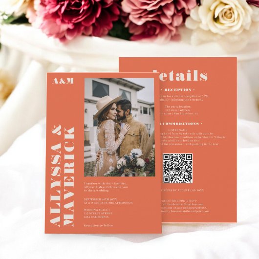 Elegantes, beige-orangefarbenes Foto Einladung