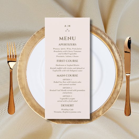 Elegantes Beige Pink Monogram Pearl Wedding Menu Menükarte
