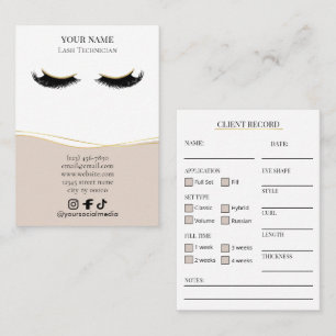 Elegantes Beige- und Gold-Wimpern-Kundenaufzeichnu Visitenkarte