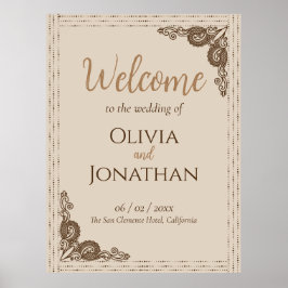 Elegantes Beige verzierte Hochzeit Begrüßungszeich Poster