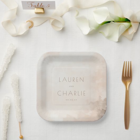 Elegantes Beige-Wasserfarben-Design Pappteller (Hochzeit)