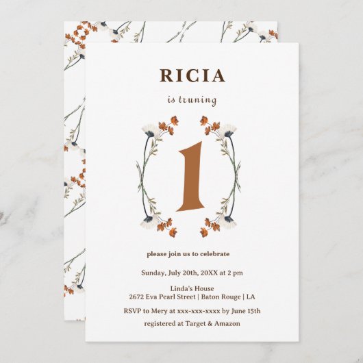 Elegantes Beispiel Wildblume 1. Geburtstag Einladung (Vorne/Hinten)