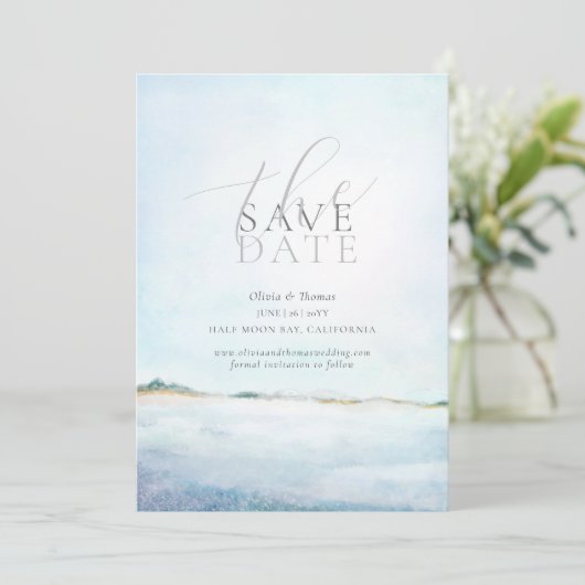 Elegantes bemaltes Beach Wedding Foto Save the Dat Einladung (Stehend Vorderseite)