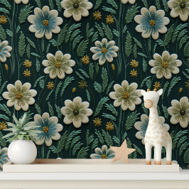 Elegantes, besticktes, grünes Blumenmuster Tapete