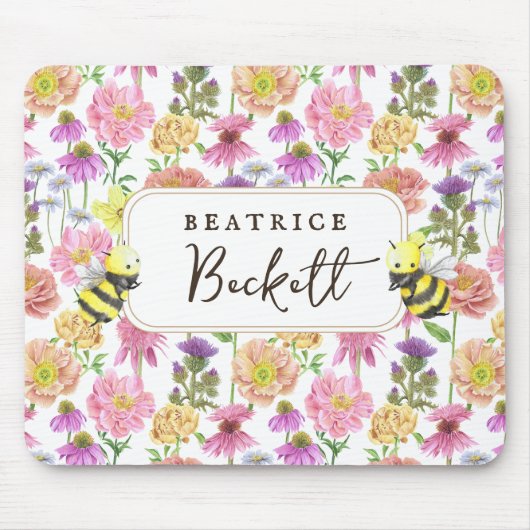 Elegantes Bienen- und Wildblume Wasserfarbmuster Mousepad (Vorne)
