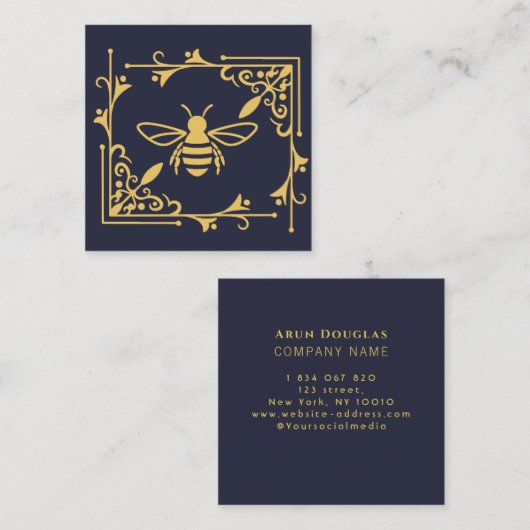 Elegantes Bienenlogo Bienenzucht Navy Blue Quadratische Visitenkarte (Vorne/Hinten)