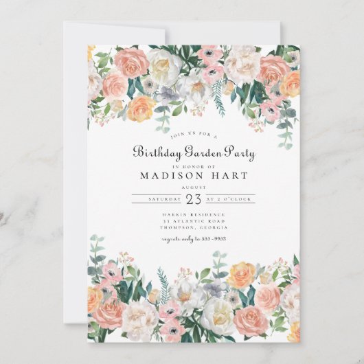 Elegantes Birthday Floral Peony Garden Party Einladung (Vorderseite)