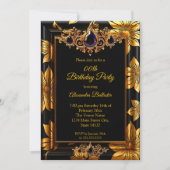 Elegantes Birthday Foto Black Gold Floral Damask Einladung (Vorderseite)