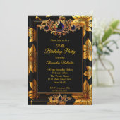 Elegantes Birthday Foto Black Gold Floral Damask Einladung (Stehend Vorderseite)