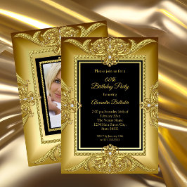 Elegantes Birthday Foto Black Gold Golden Frame Einladung