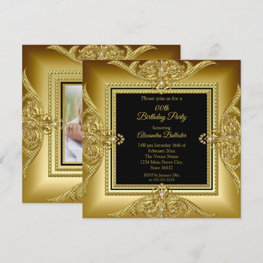 Elegantes Birthday Party Foto Black Gold Frame Einladung (Vorne/Hinten)
