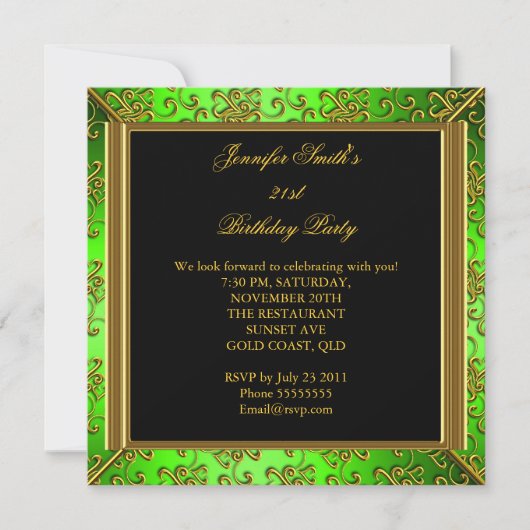 Elegantes Birthday Party Lime Green Black Gold Einladung (Vorderseite)