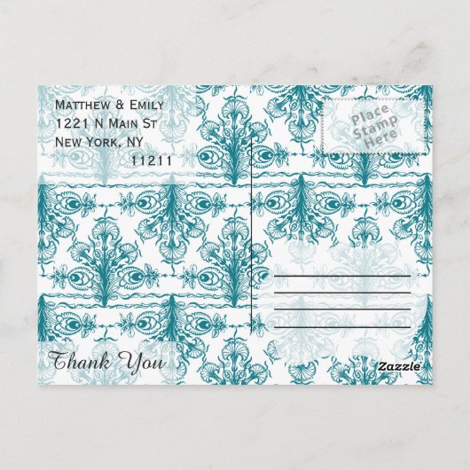 Elegantes Biscay Bay Blue & White Damask Muster Postkarte (Rückseite)