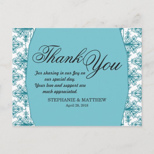 Elegantes Biscay Bay Blue & White Damask Muster Postkarte (Vorderseite)