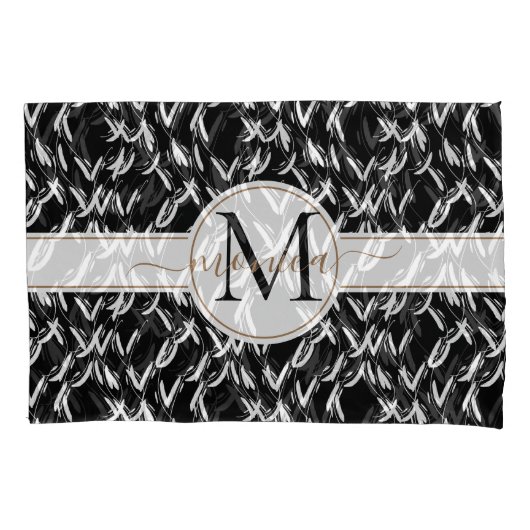 Elegantes Black Abstrakt Floral Gold Mit Monogramm Kissenbezug (Vorderseite)