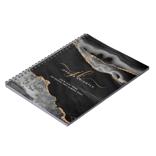 Elegantes Black Agate Gold Glitzer Script Monogram Notizblock (Linke Seite)