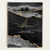 Elegantes Black Agate Gold Glitzer Script Monogram Planer (Vorderseite)