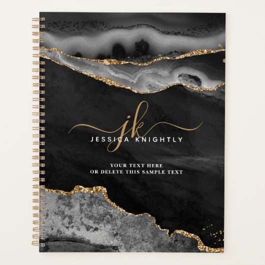 Elegantes Black Agate Gold Glitzer Script Monogram Planer (Vorderseite)