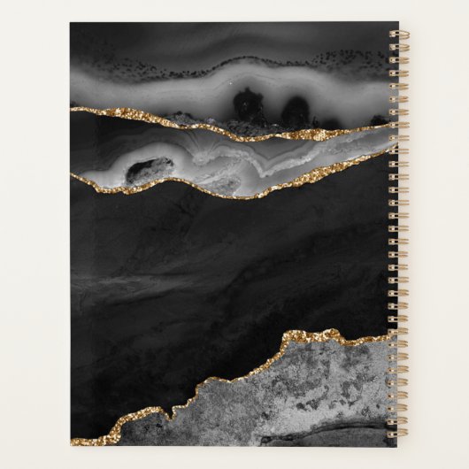 Elegantes Black Agate Gold Glitzer Script Monogram Planer (Rückseite)