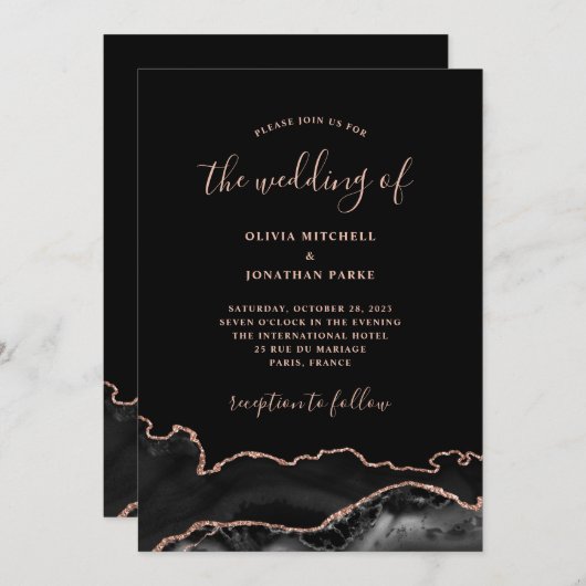 Elegantes Black Agate und Rose Gold | Dunkle Hochz Einladung (Vorne/Hinten)