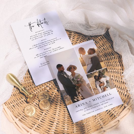 Elegantes Black All in One QR Code 3 Foto Hochzeit Einladung