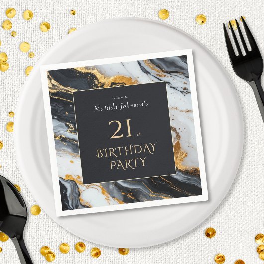Elegantes Black and Gold 21. Geburtstag Party Serviette