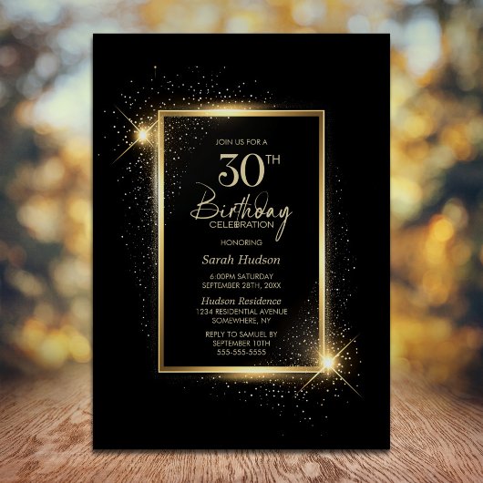 Elegantes Black and Gold 30. Geburtstag Party Einladung